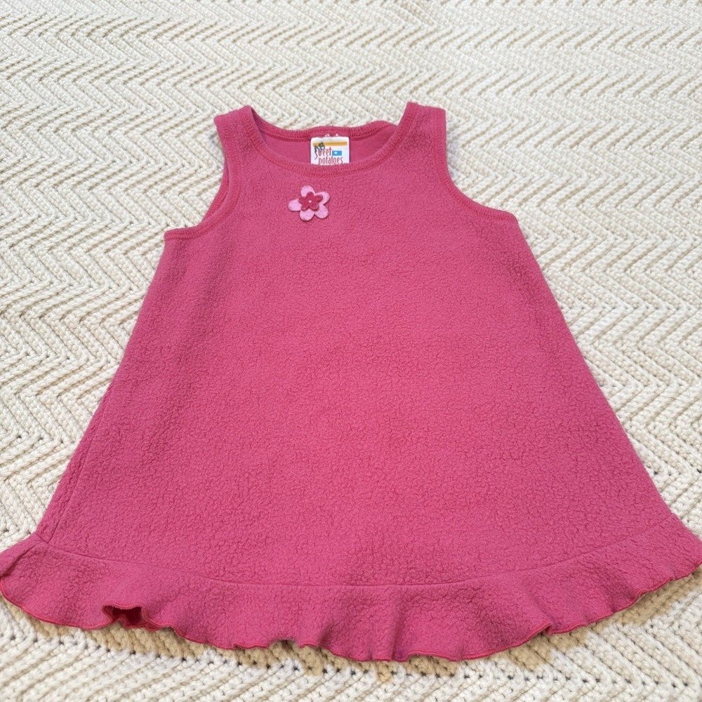 Sweet Potatoes Dress Girls 2T Pink Fleece Sleeveless Flower Ruffle USA Made VTG